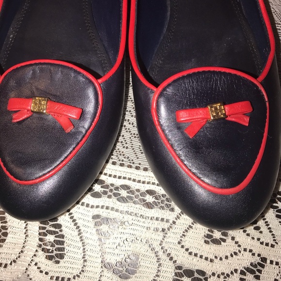 TORY BURCH NAVY/RED BOW FLATS-WORN 3X’s SZ 8 - Picture 3 of 8